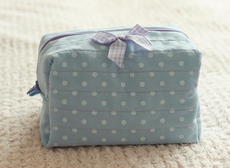 Handmade Blue Polka Dot Quilted Makeup Bag