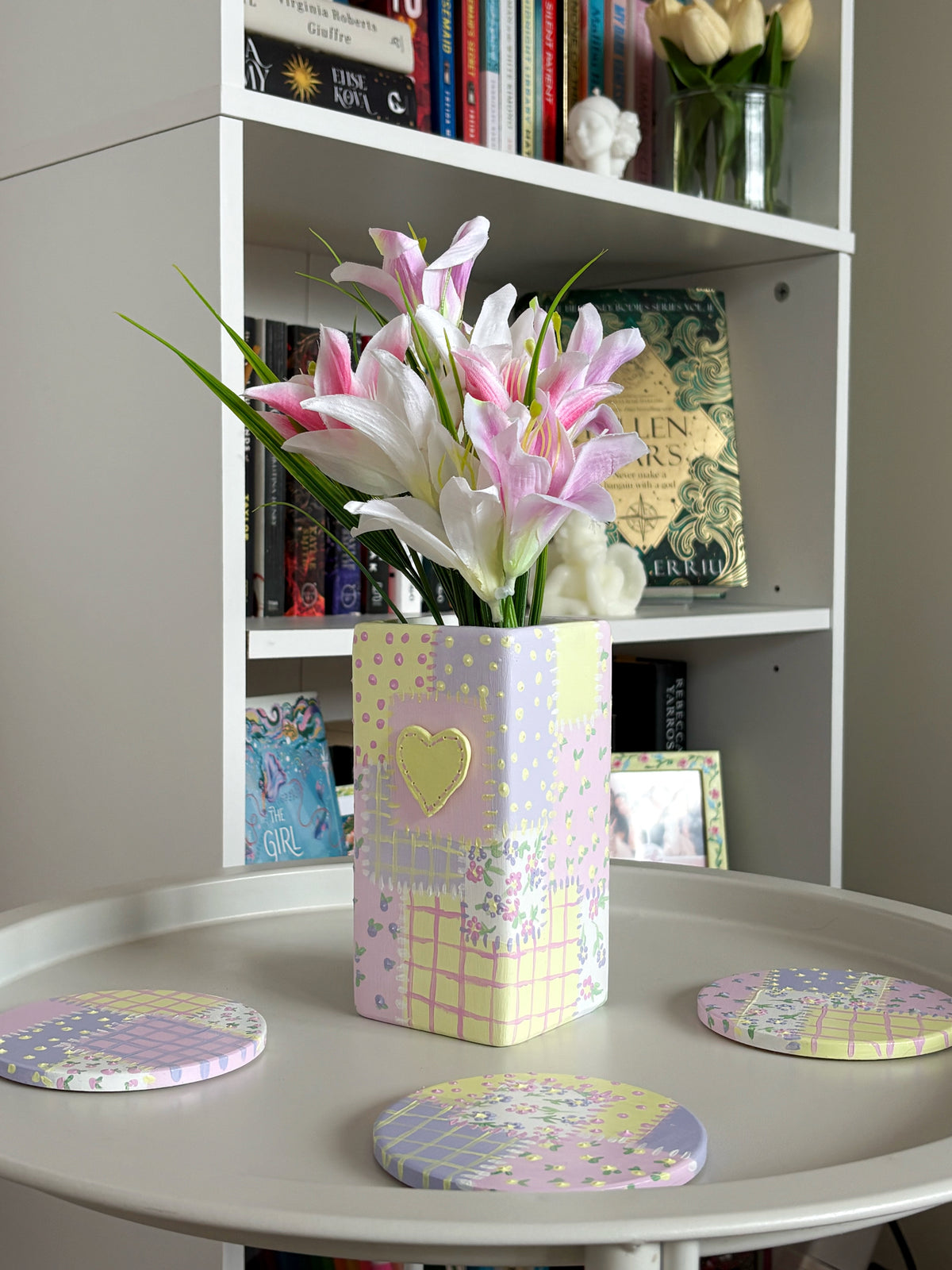 Hand painted patch work quilt vase with 3d heart and floral patterns