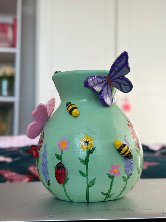 Pastel Wildlife Bulb Vase with Hand Painted Flowers and Clay Bees, Butterflies and Ladybugs
