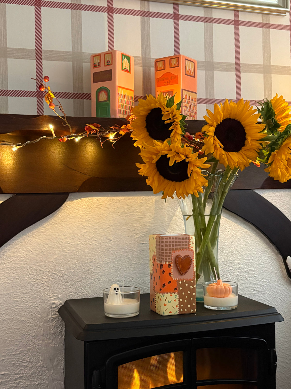 Hand painted autumn patch work quilt vase with 3d heart