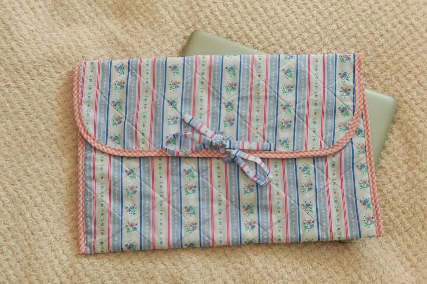 Blue and Pink Floral Quilted Laptop Sleeve with Pink Gingham Trim