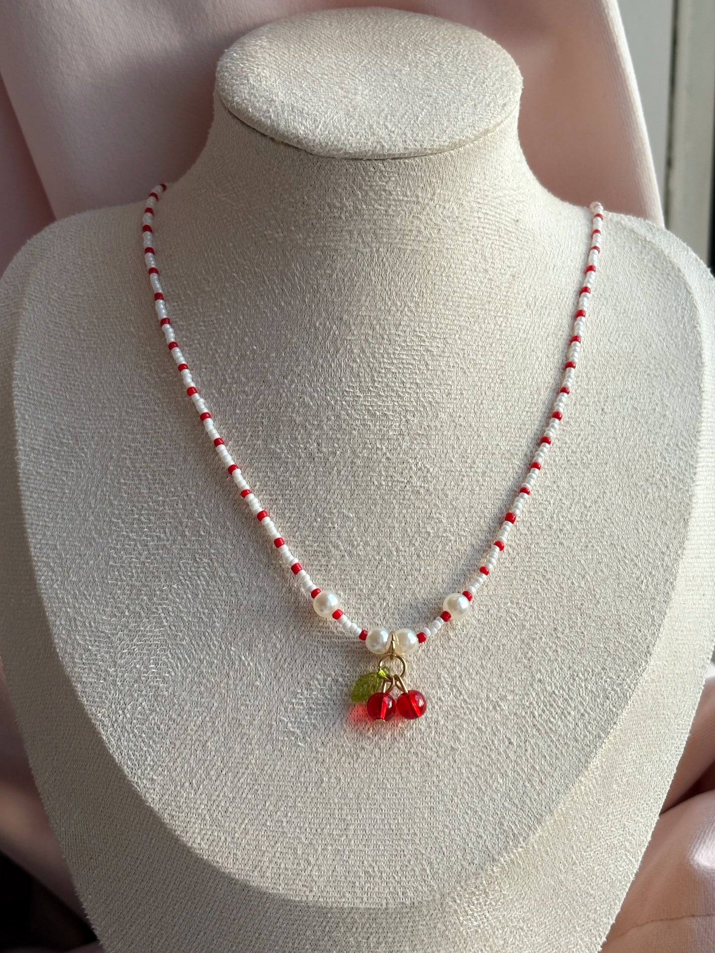Pearl Beaded Cherry Red and White Necklace