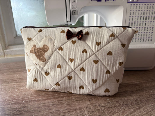 Handmade Brown Heart and Bear Quilted Makeup Bag