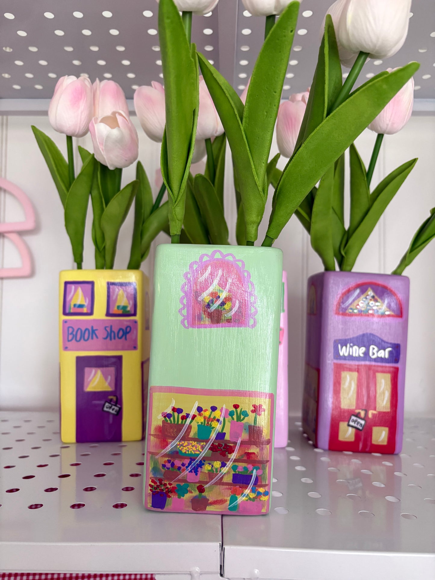 One of a Kind Pastel Green Flower Shop Hand Painted Vase