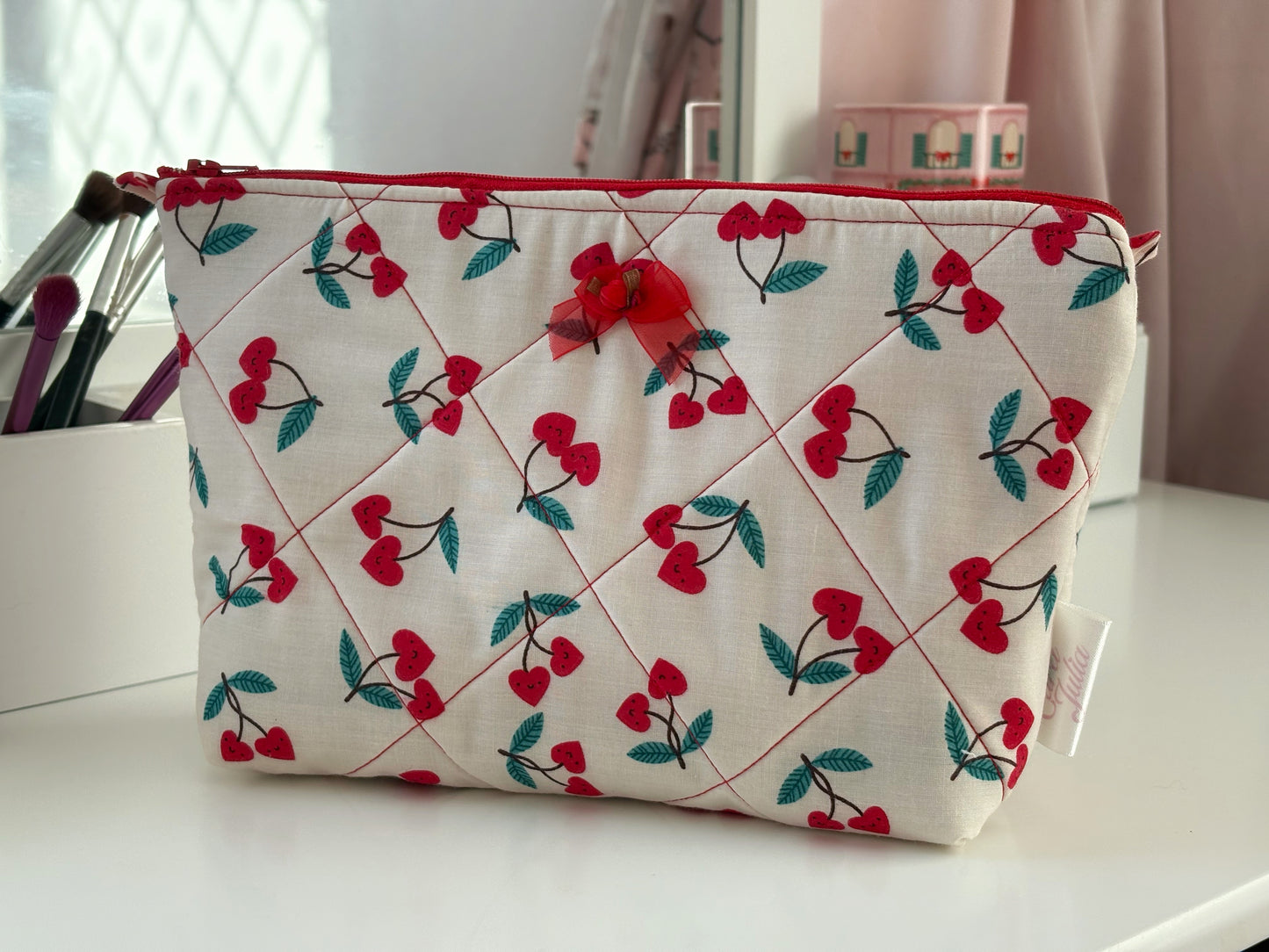 Handmade Red Cherry Bow Makeup Bag