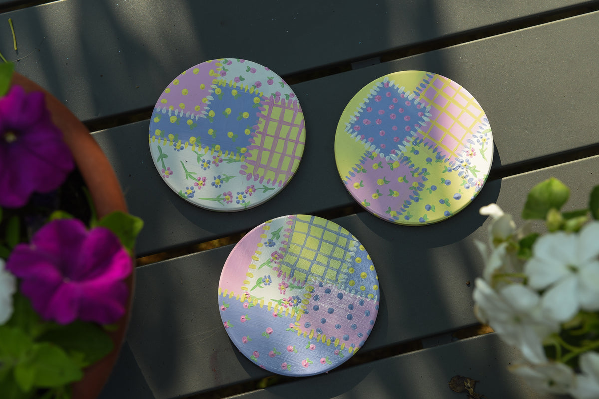Pastel Patchwork Vase and Coaster Set, With Clay appliqué heart