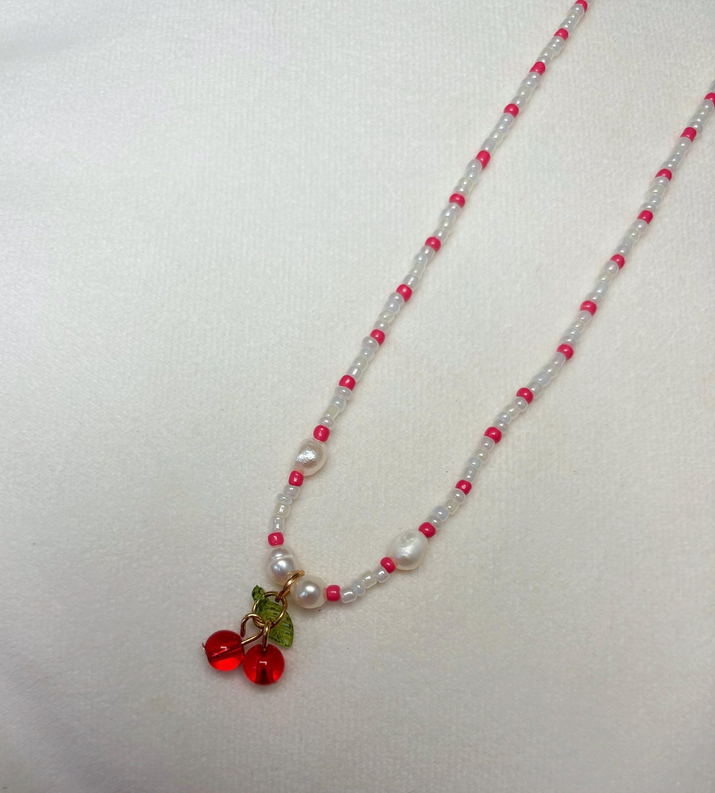 Pearl Beaded Cherry Red and White Necklace