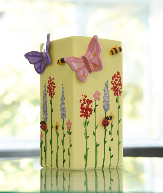 3D pastel wildlife vases, with hand painted wild flowers, clay bees, butterflies and ladybug, spring vase