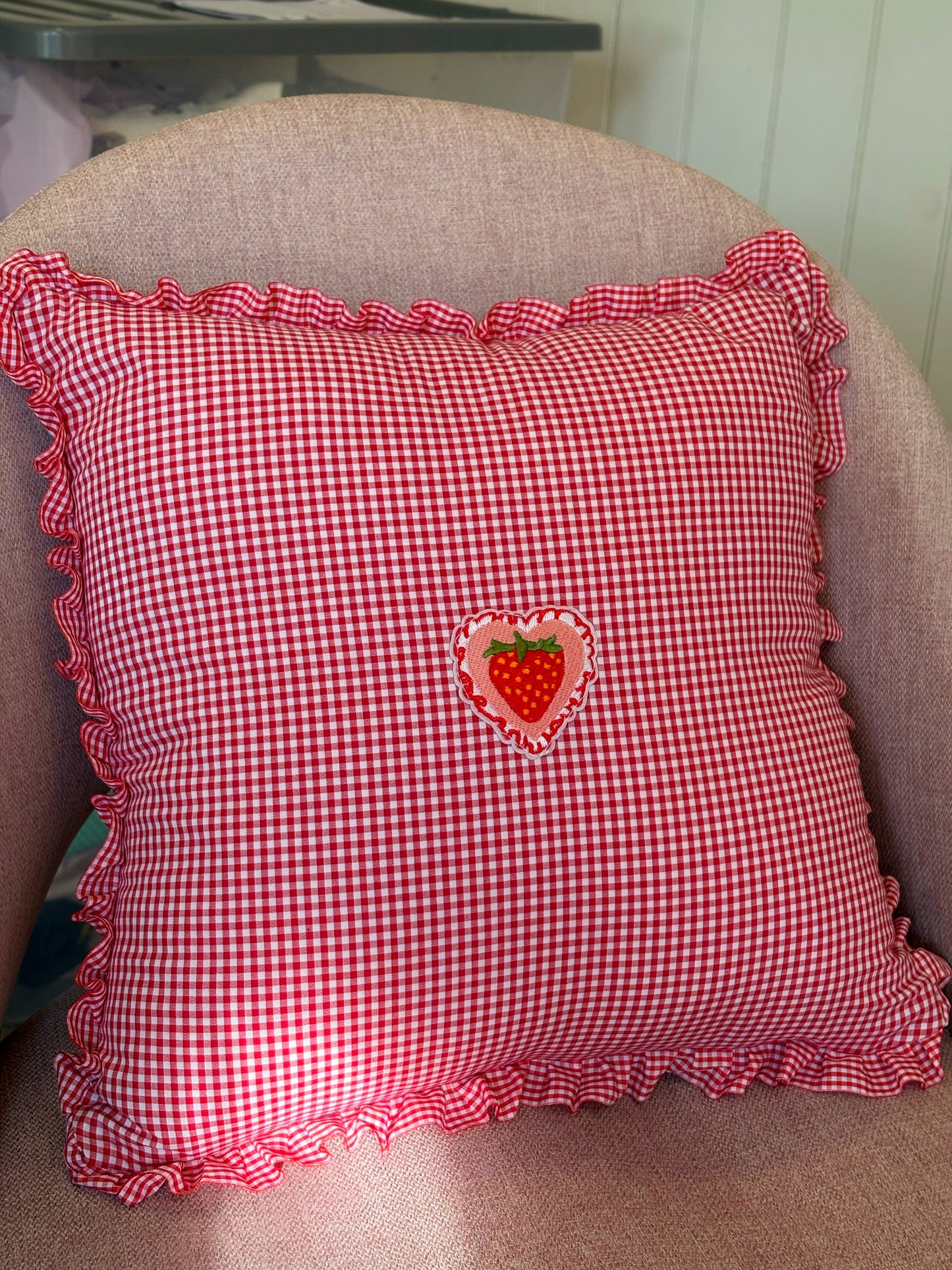 Red Gingham and Ruffle Cushion with Appliqué Strawberry Heart