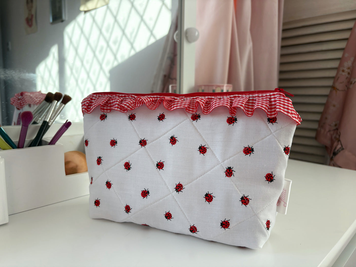 Handmade Red and White Ladybug Frill Makeup Bag