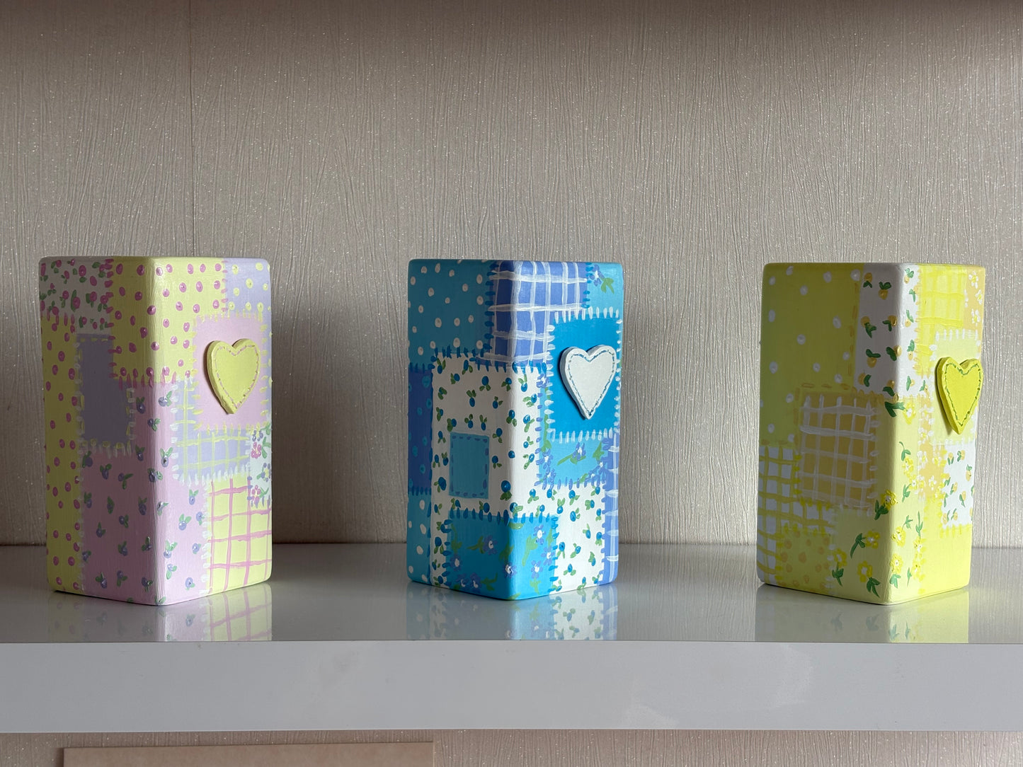 Hand painted patch work quilt vase with 3d heart and floral patterns