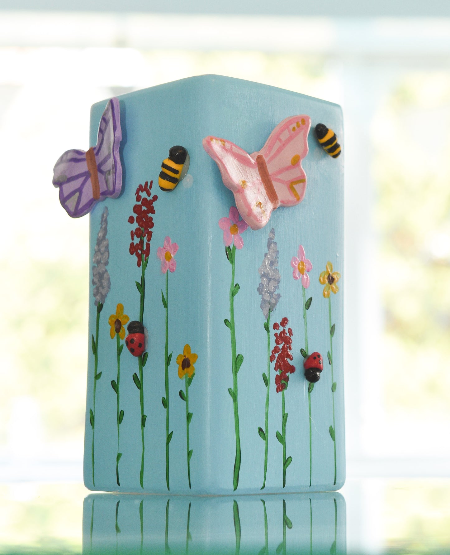 3D pastel wildlife vases, with hand painted wild flowers, clay bees, butterflies and ladybug, spring vase