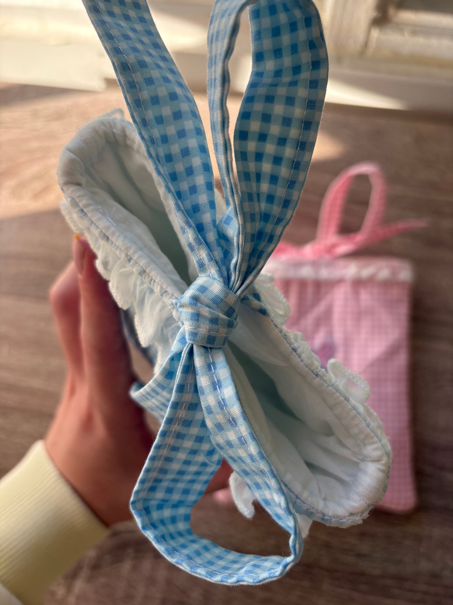 Blue and white gingham quilted kindle sleeve handmade with book appliqué