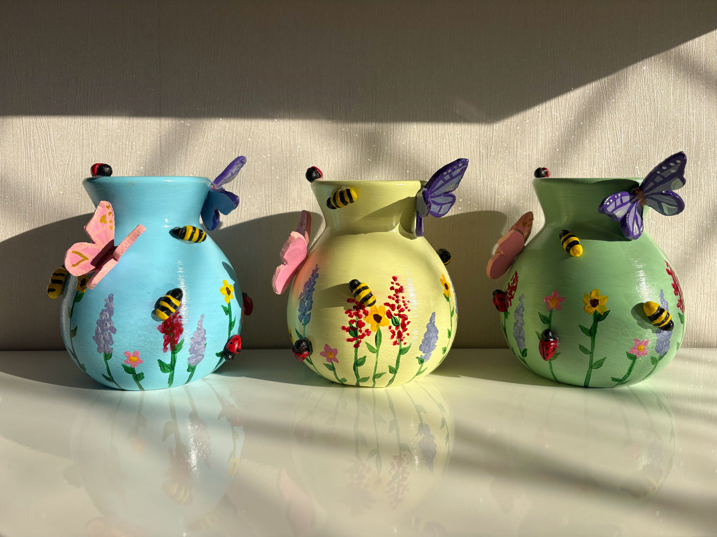 Pastel Wildlife Bulb Vase with Hand Painted Flowers and Clay Bees, Butterflies and Ladybugs