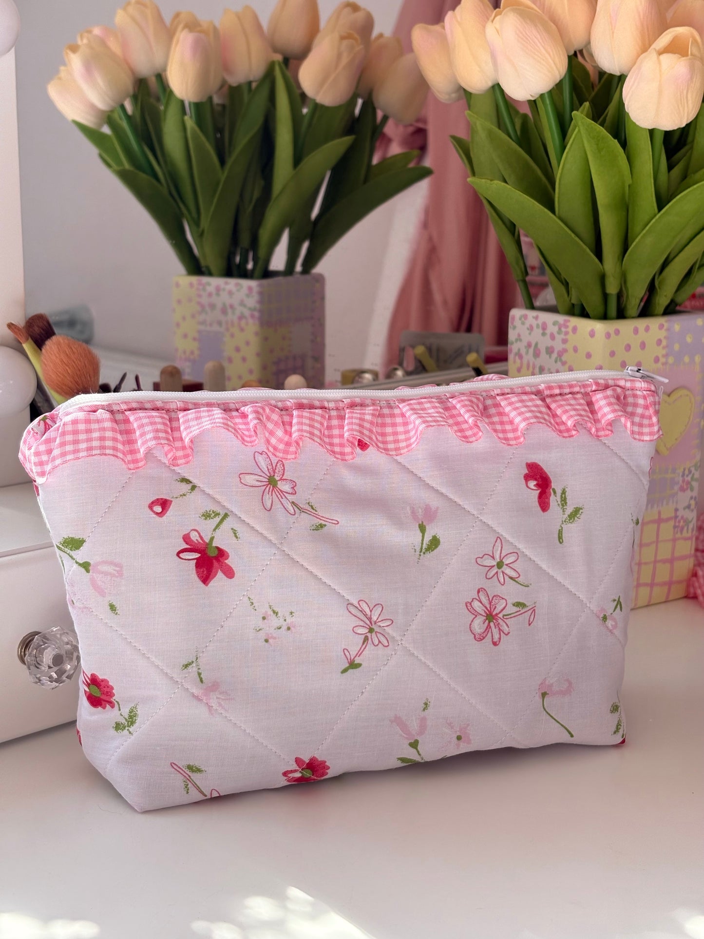 Handmade Pink and White Floral Frill Makeup Bag