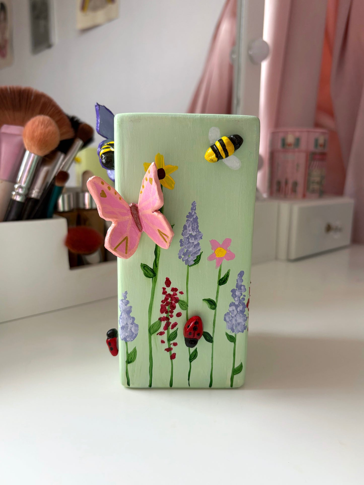 3D pastel wildlife vases, with hand painted wild flowers, clay bees, butterflies and ladybug, spring vase