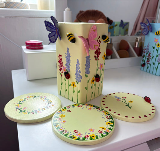 3D pastel wildlife vases with matching coasters. Hand painted wild flowers, clay bees, butterflies and ladybug, spring ceramic set.