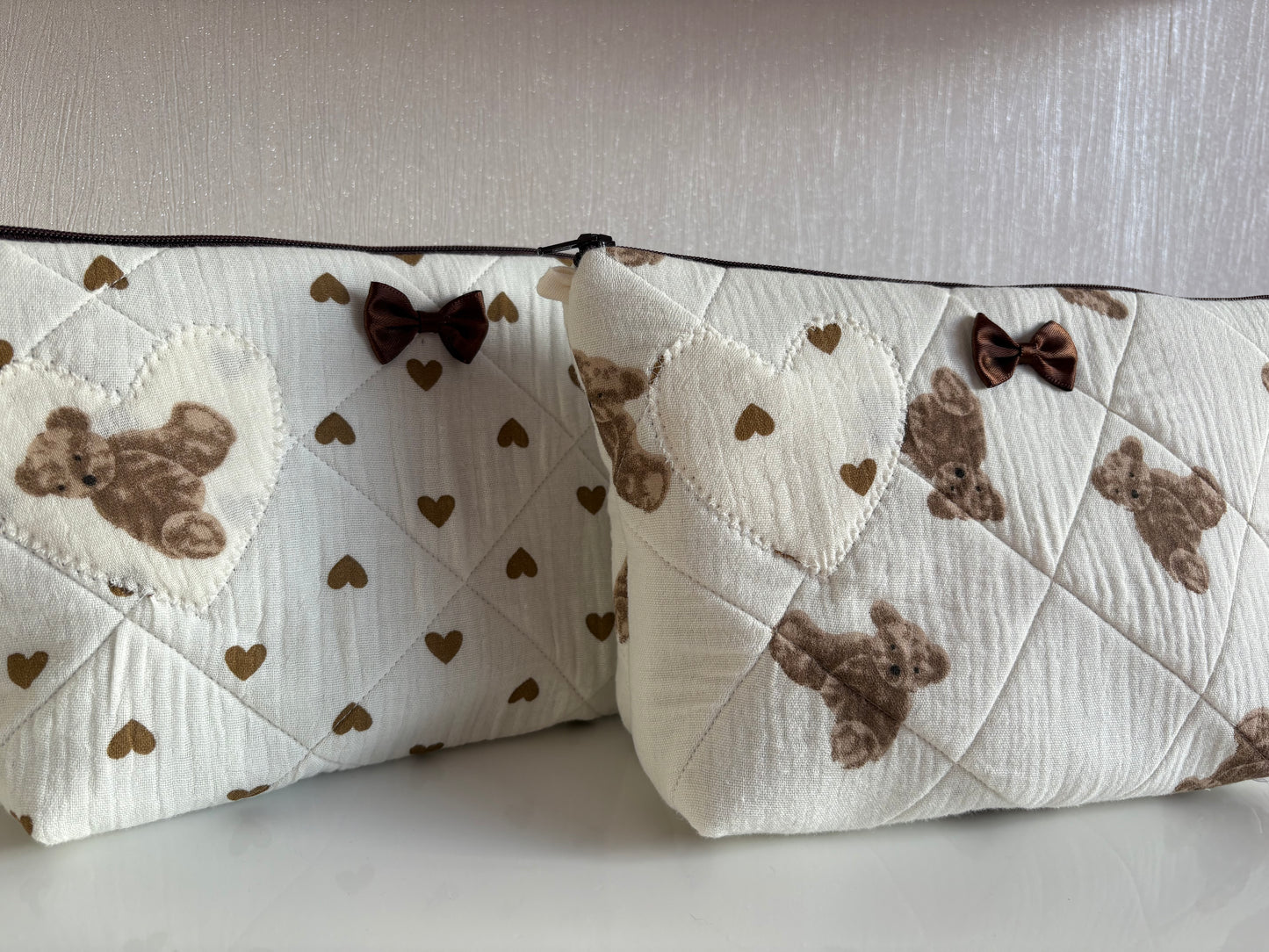 Handmade Brown Heart and Bear Quilted Makeup Bag