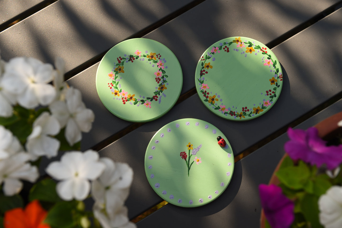 3D pastel wildlife vases with matching coasters. Hand painted wild flowers, clay bees, butterflies and ladybug, spring ceramic set.