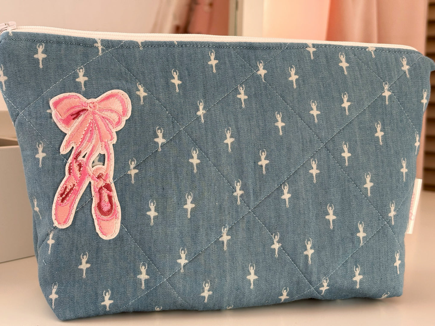 Handmade Blue Denim Ballerina Print Makeup Bag with Ballet Slipper Appliqué