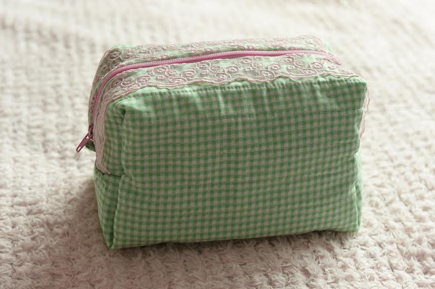Handmade Pink and Green Gingham Quilted Makeup Bag