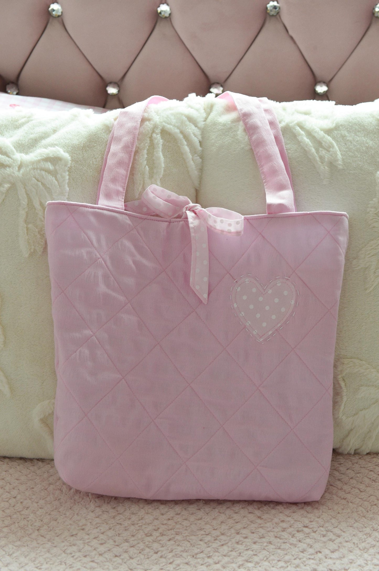 Pink Polka Dot Quilted Heart Appliqu̬ Tote Bag