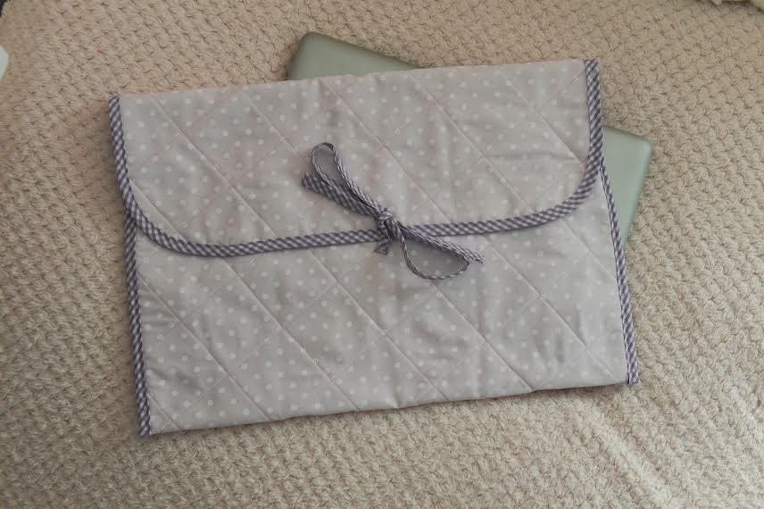 Pink Polka Dot Quilted Laptop Sleeve with Purple Gingham Trim