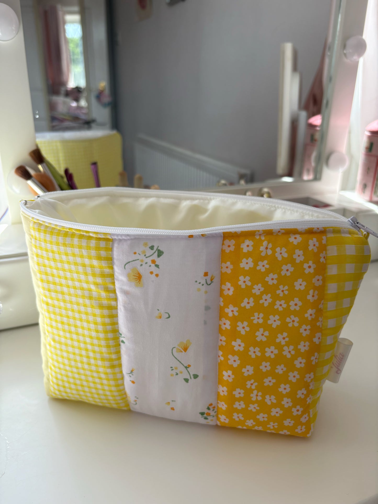 Handmade Floral Patchwork Quilted Makeup Bag with Gingham