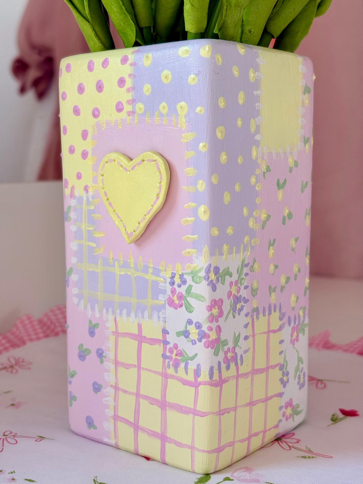 Hand painted patch work quilt vase with 3d heart and floral patterns