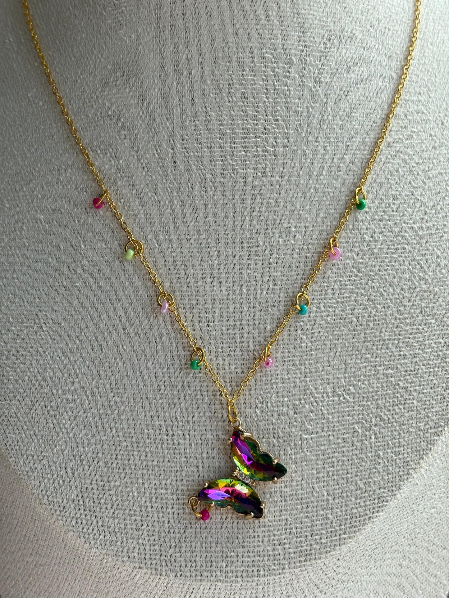 Pink and Green Rainbow Crystal Butterfly Necklace