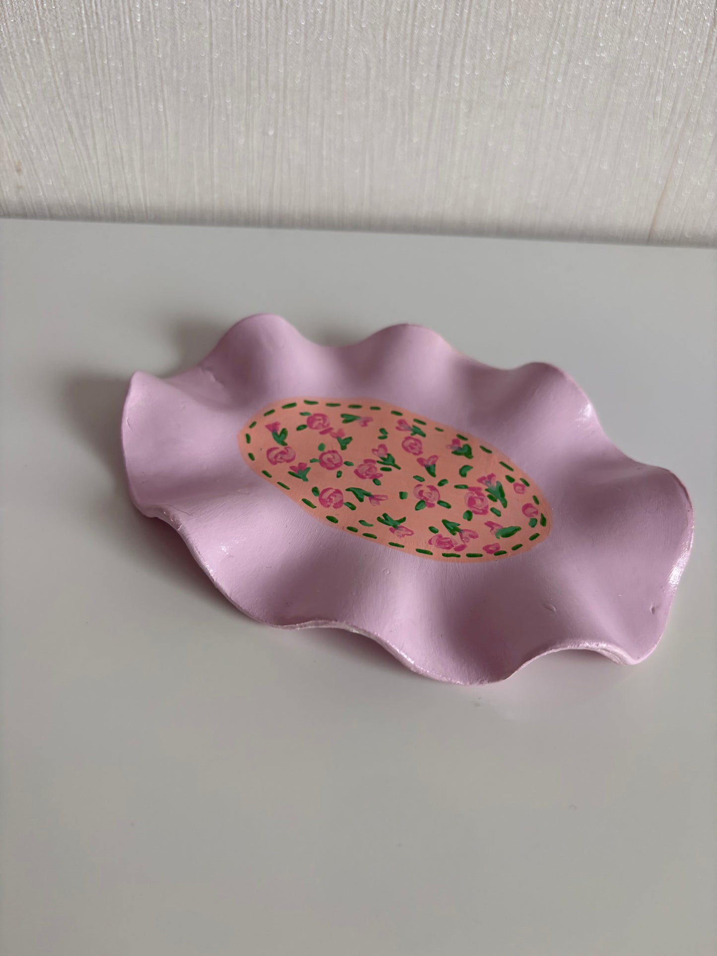 One of a kind handmade floral pink wavy jewellery holder trinket