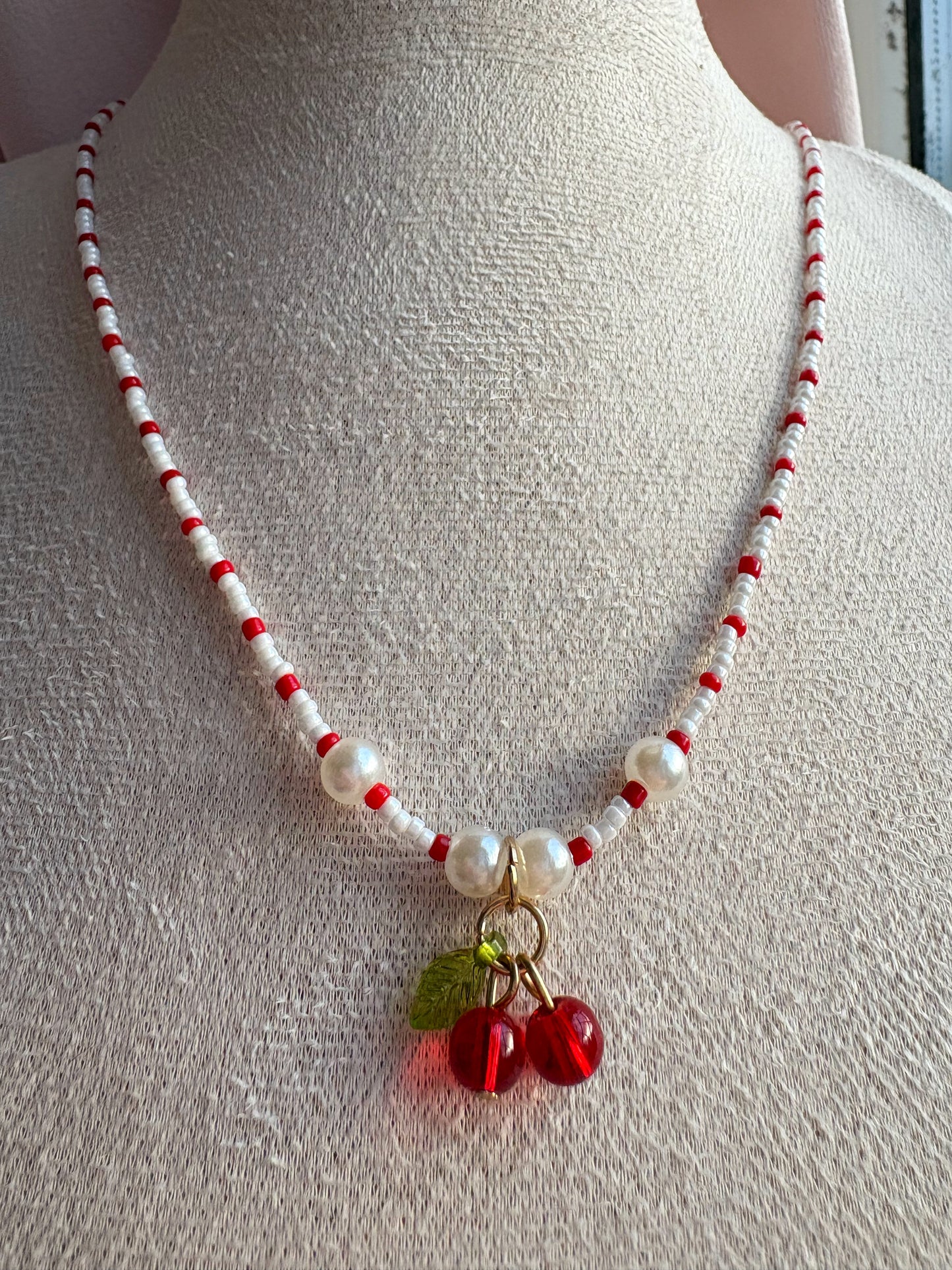 Pearl Beaded Cherry Red and White Necklace