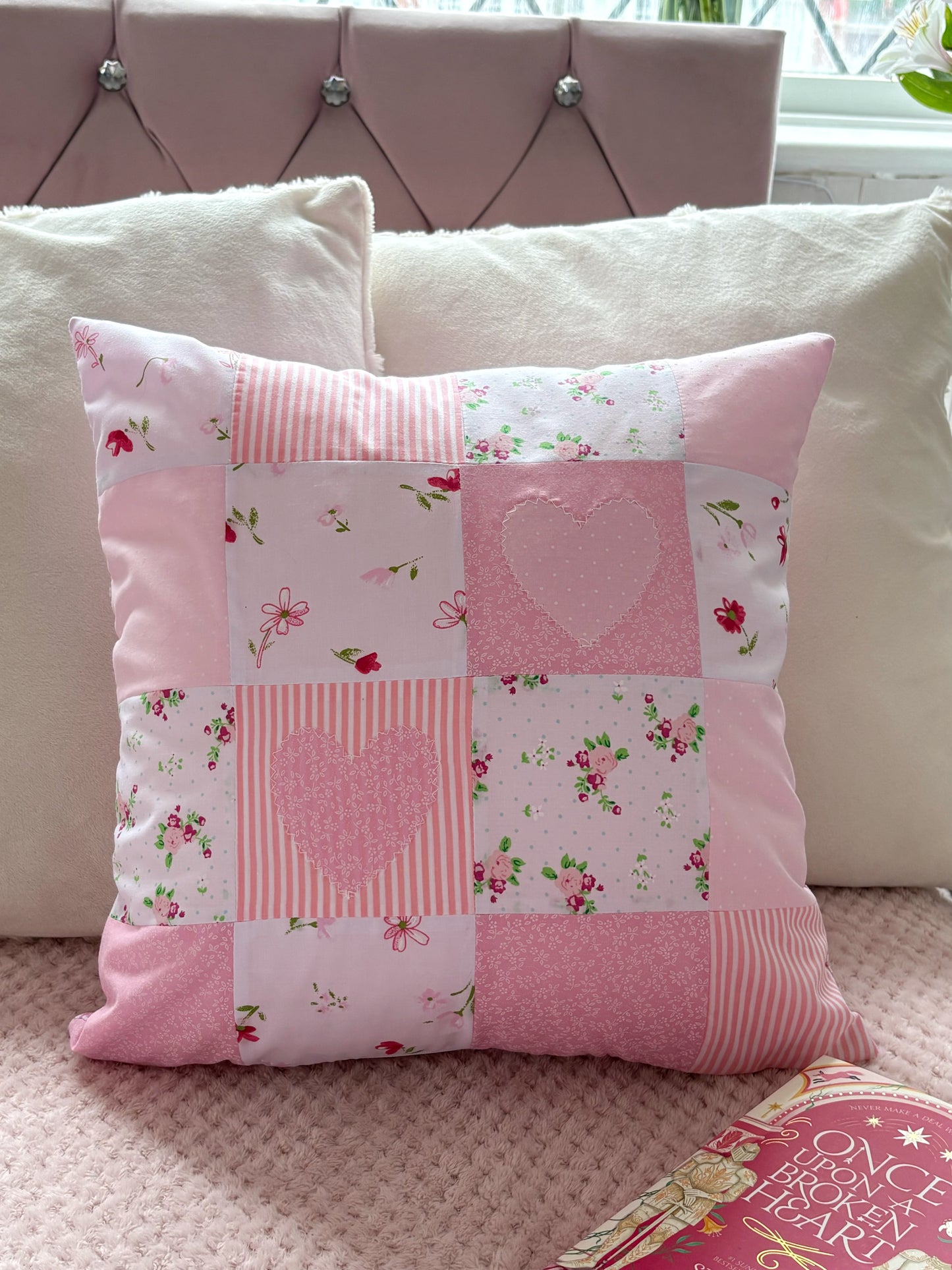 Handmade Heart Appliqué Patchwork Cushion