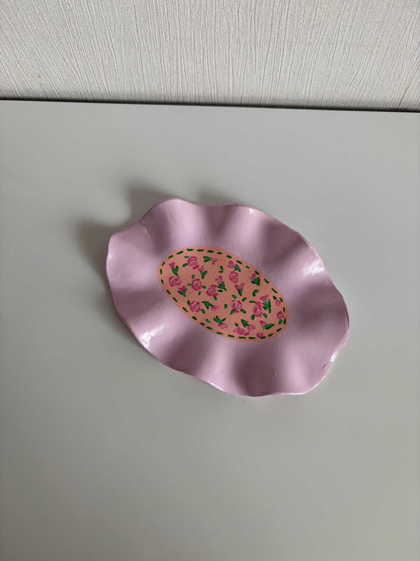 One of a kind handmade floral pink wavy jewellery holder trinket