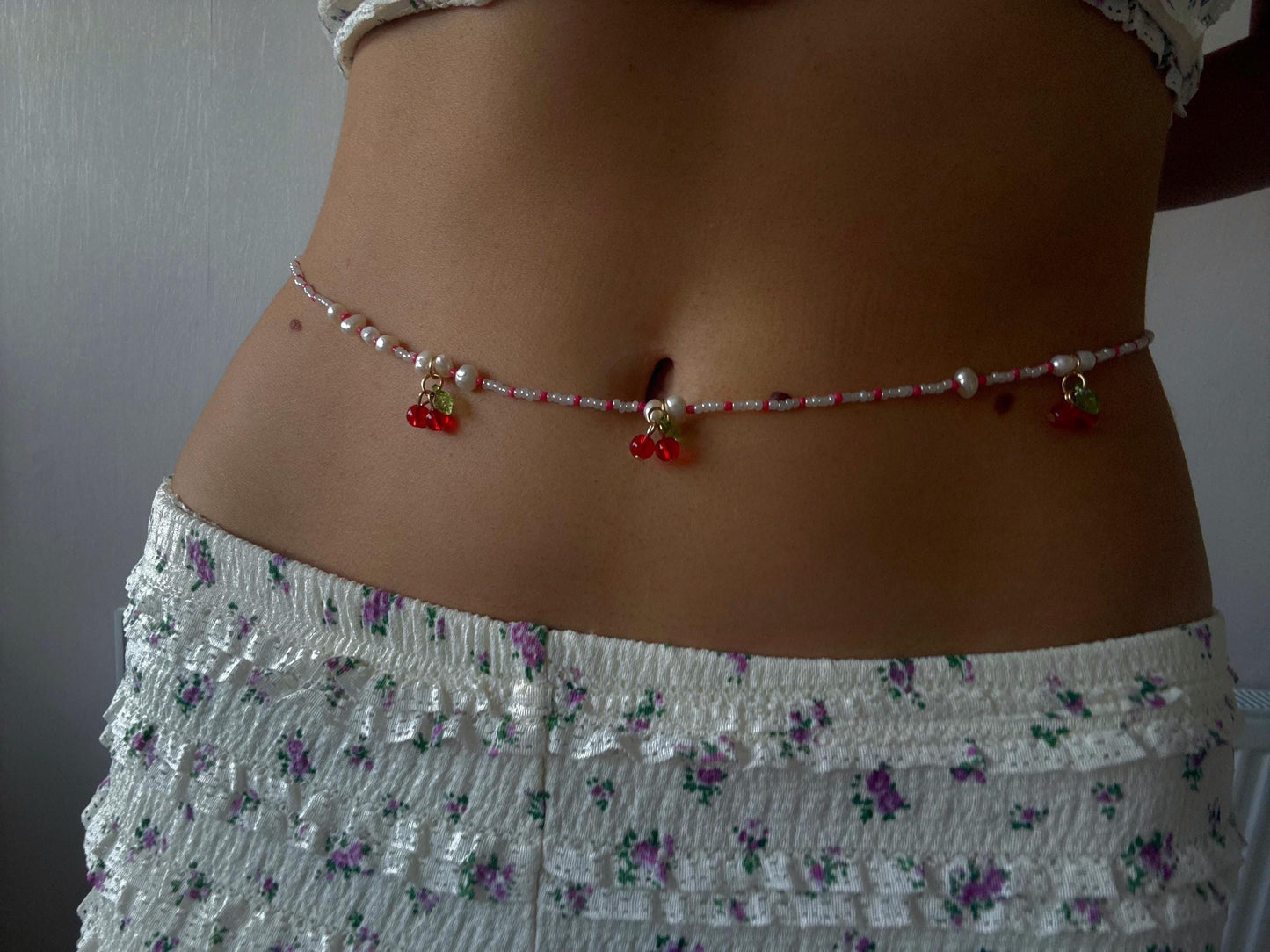 Cherry Red and White Pearl Waist Beads Waist Chain