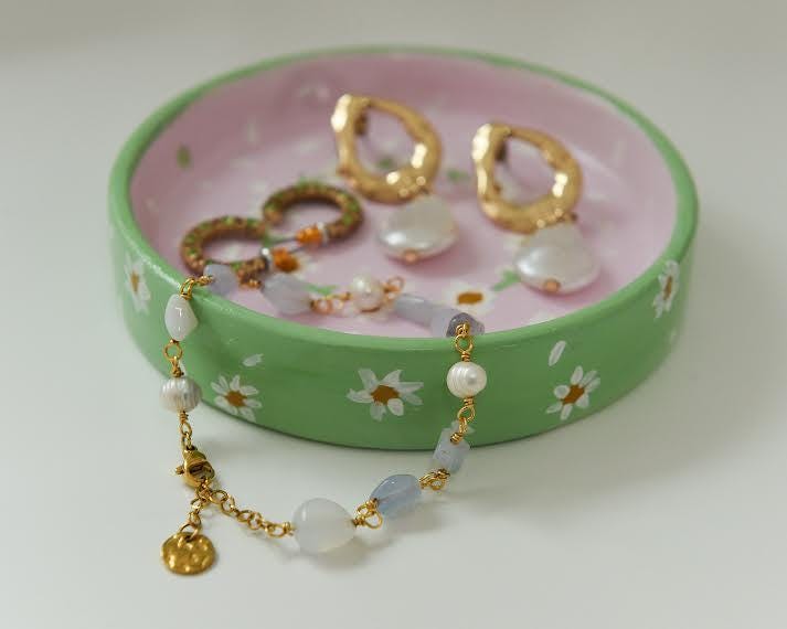 One of a Kind Pink and Green Hand Painted Floral Trinket Soap Dish