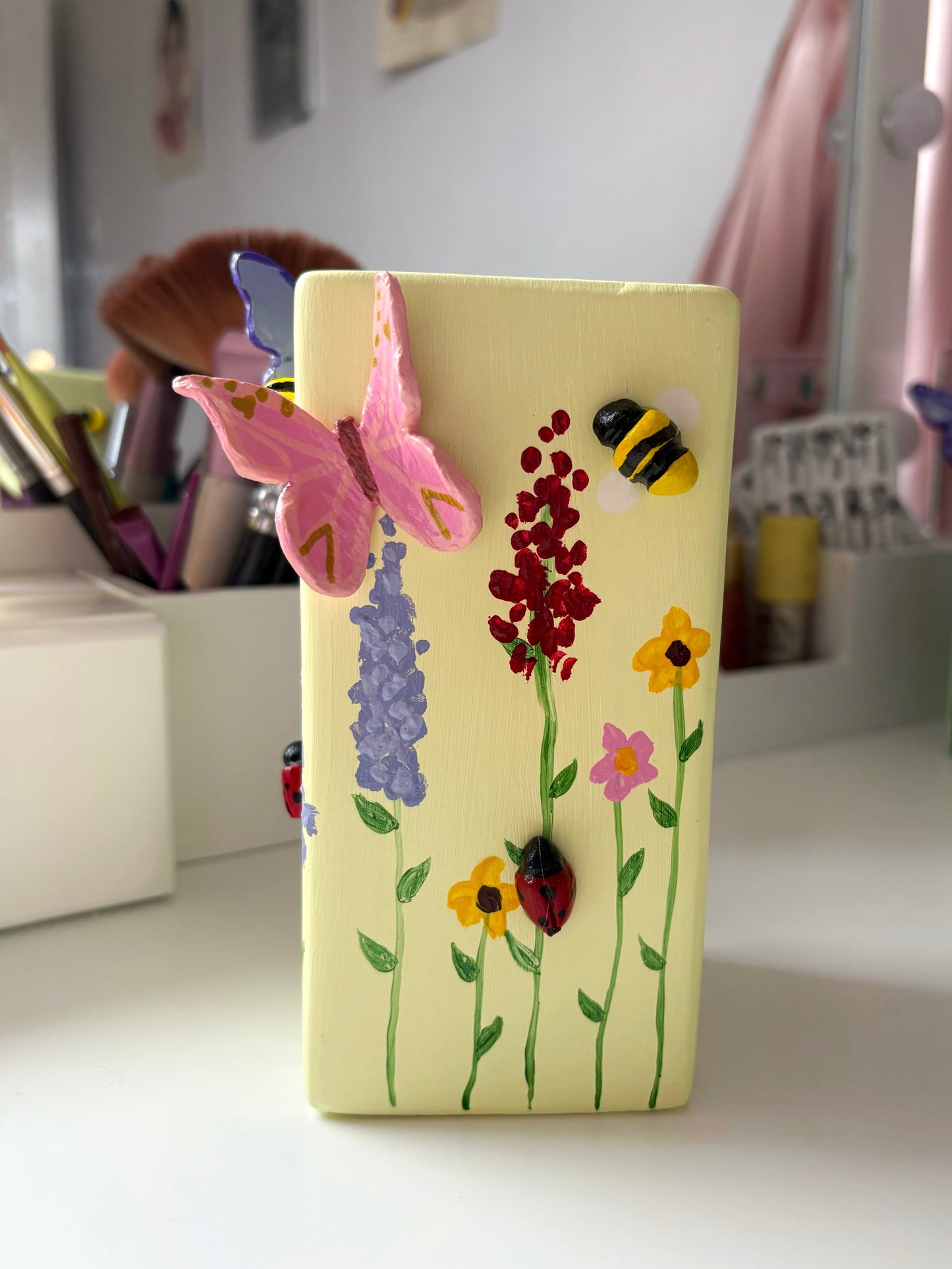 3D pastel wildlife vases, with hand painted wild flowers, clay bees, butterflies and ladybug, spring vase