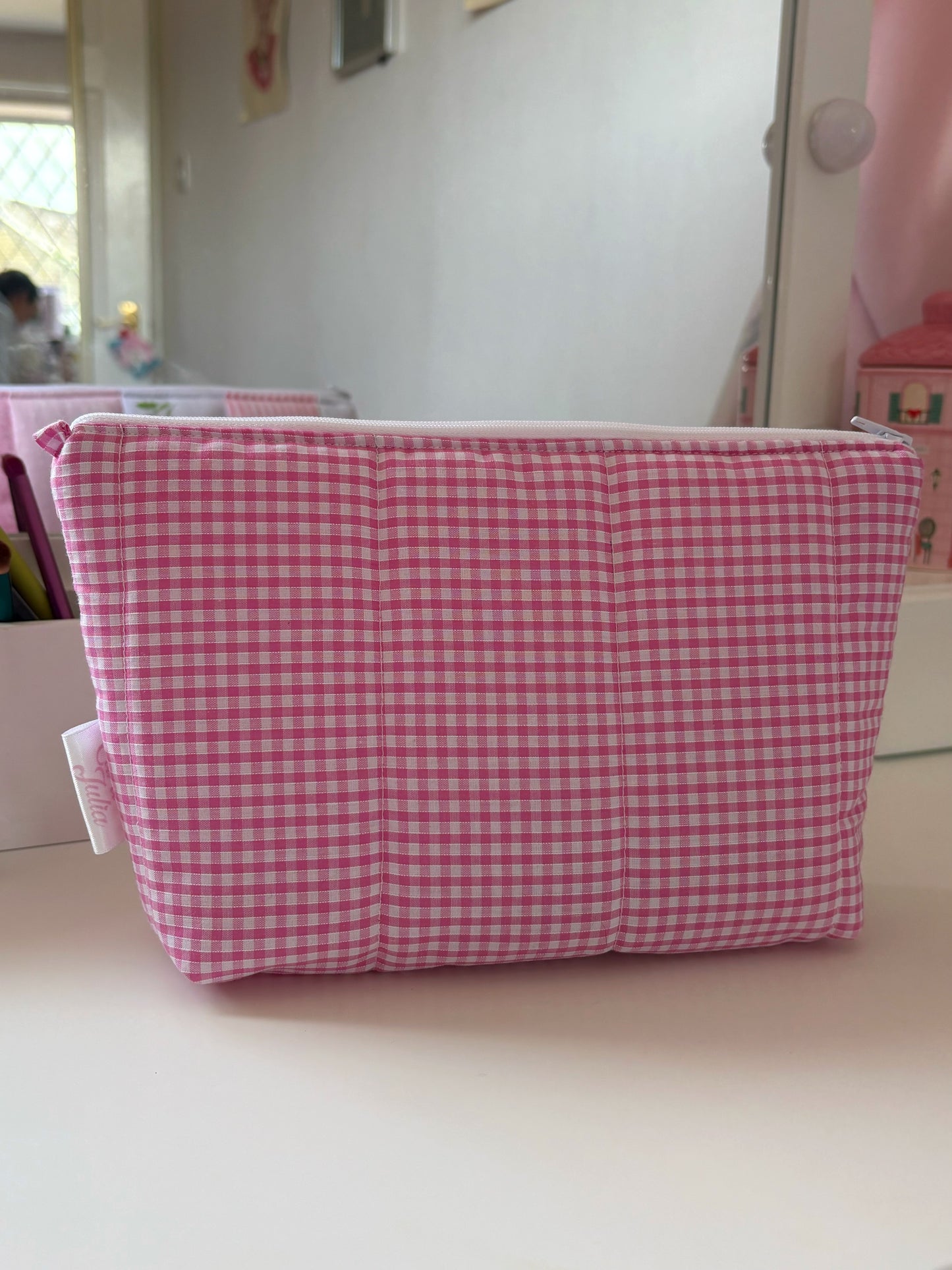 Handmade Floral Patchwork Quilted Makeup Bag with Gingham