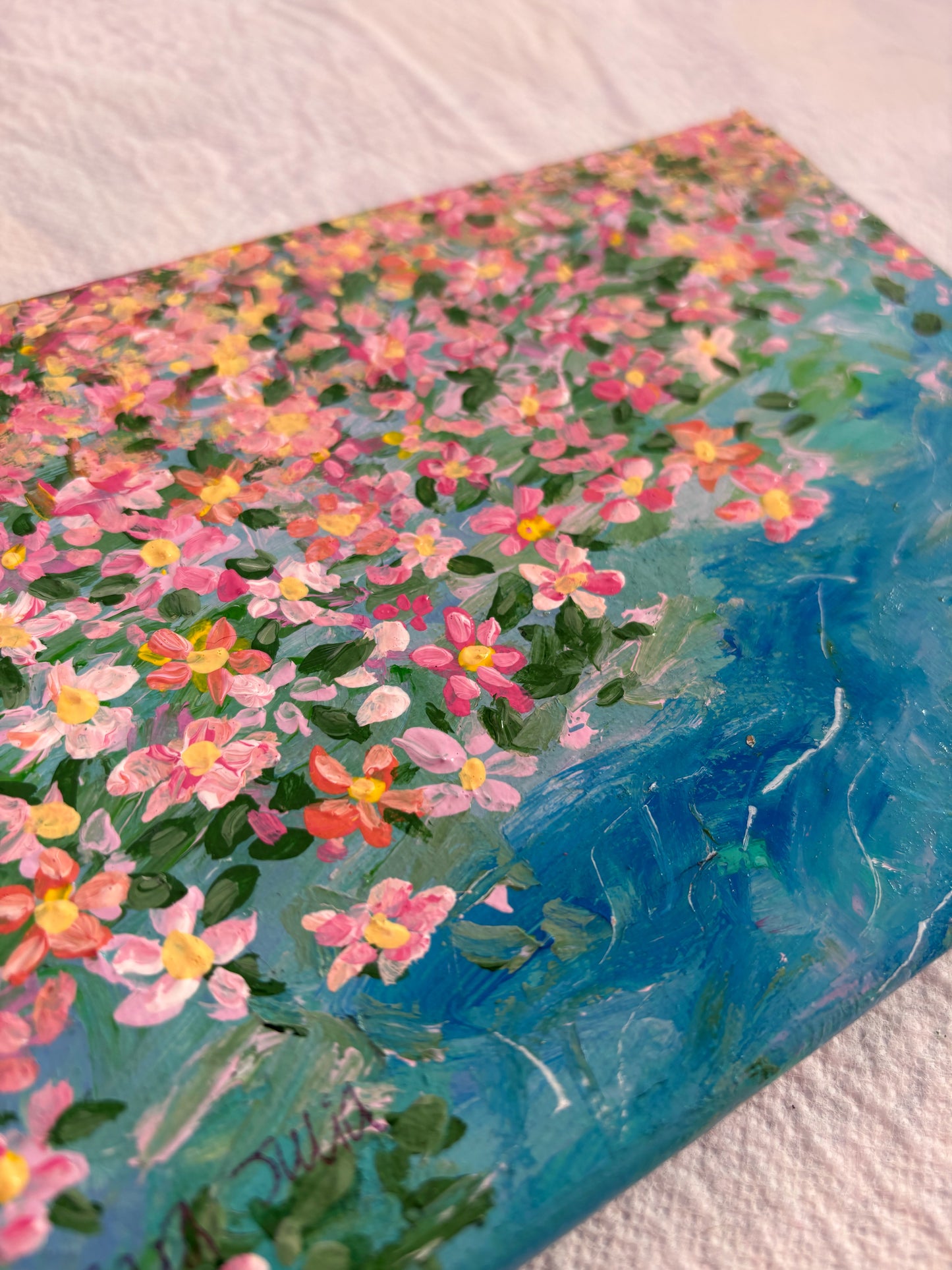 Original hand painted acrylic flower art with lake on canvas