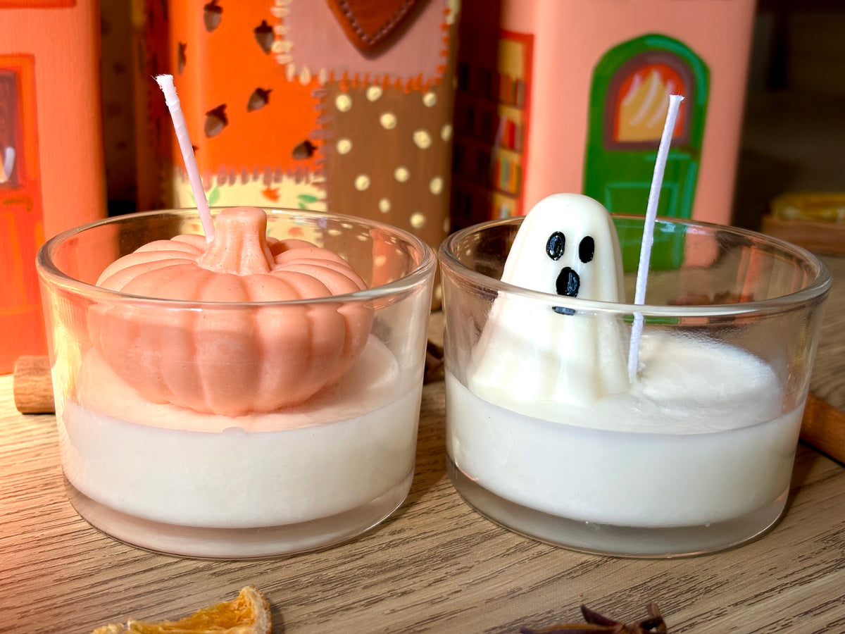 Set of Two Autumn Halloween Candles - Trick or Treat Ghost Candle and Pumpkin Spice Candle