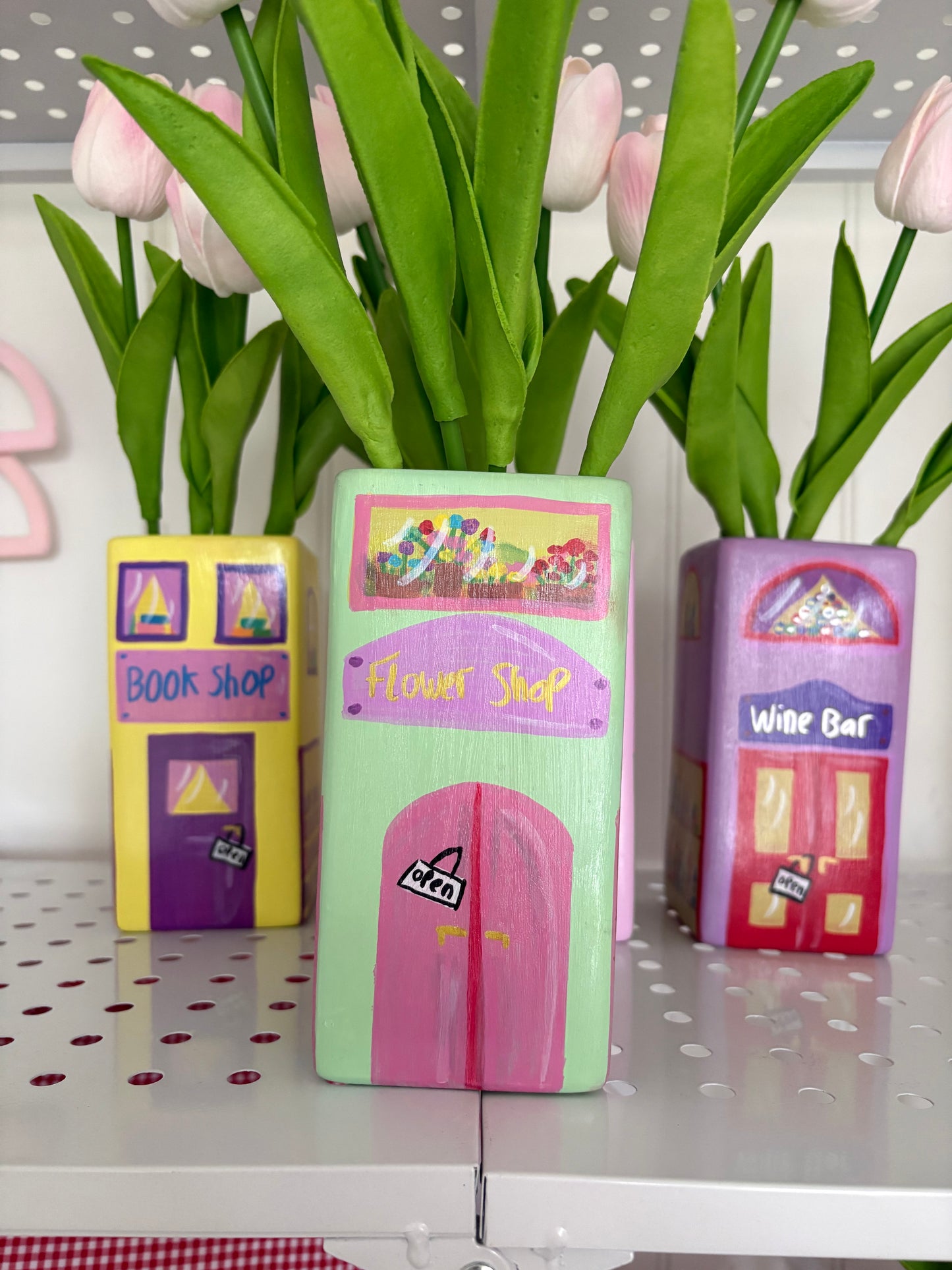 One of a Kind Pastel Green Flower Shop Hand Painted Vase