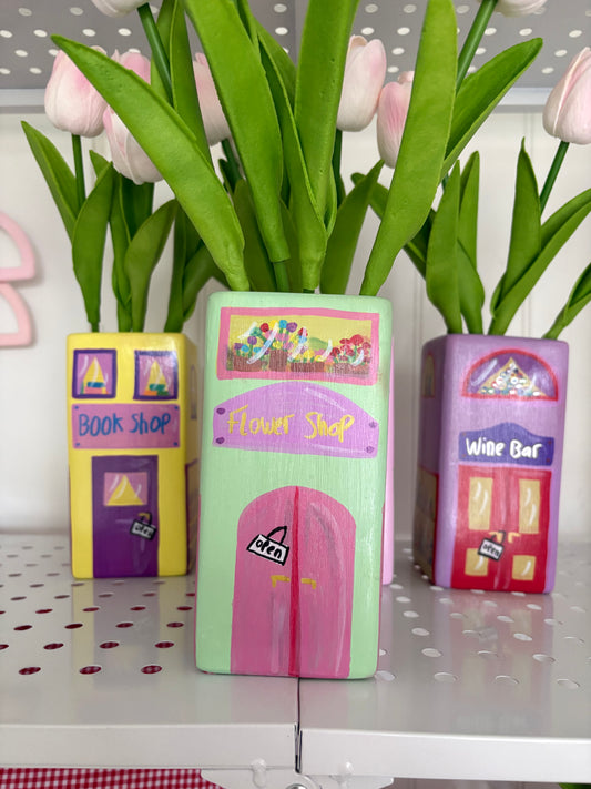 One of a Kind Pastel Green Flower Shop Hand Painted Vase