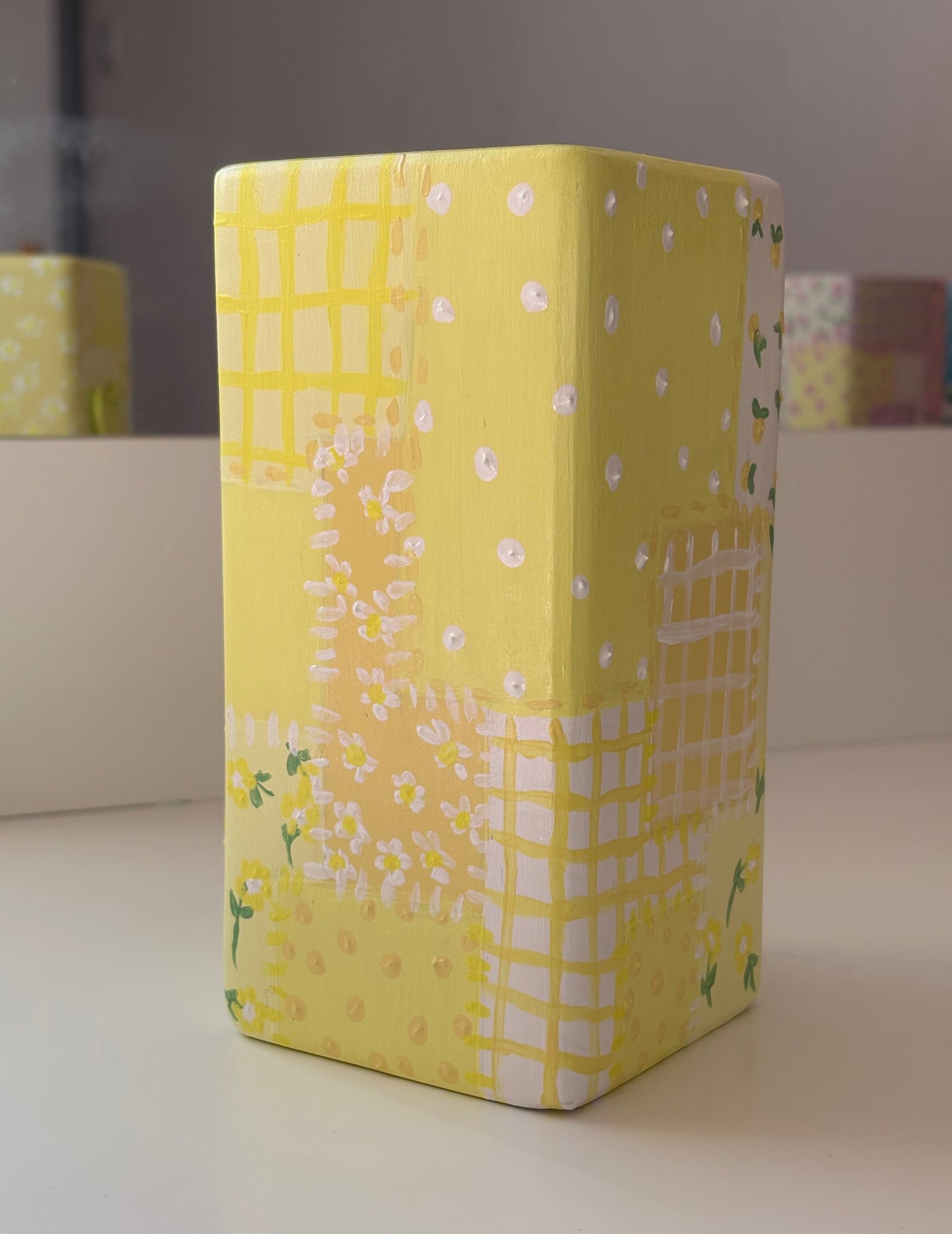 Hand painted patch work quilt vase with 3d heart and floral patterns