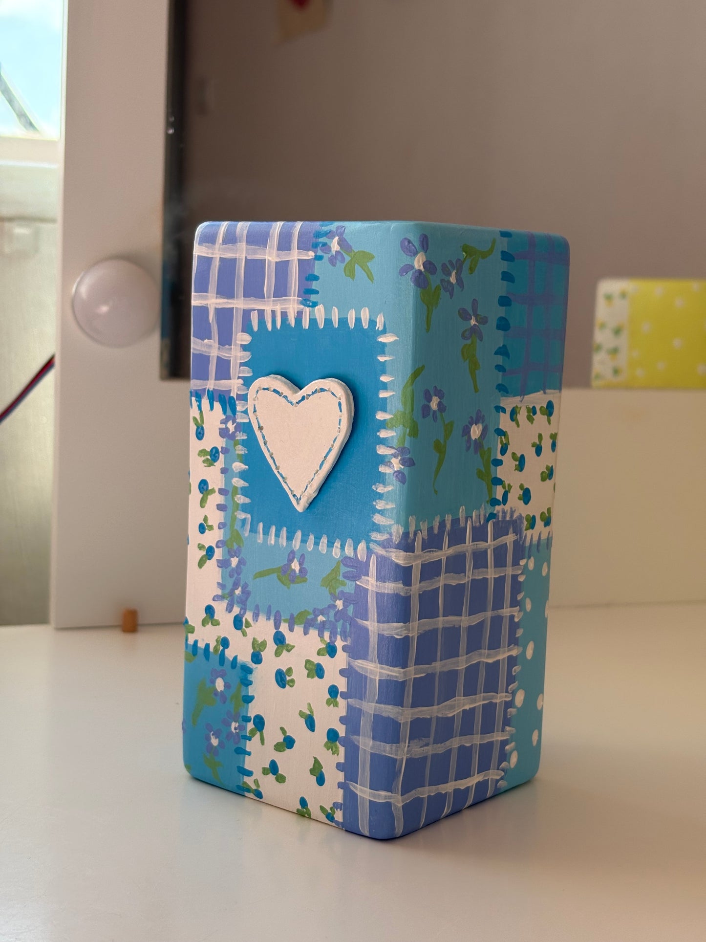 Hand painted patch work quilt vase with 3d heart and floral patterns