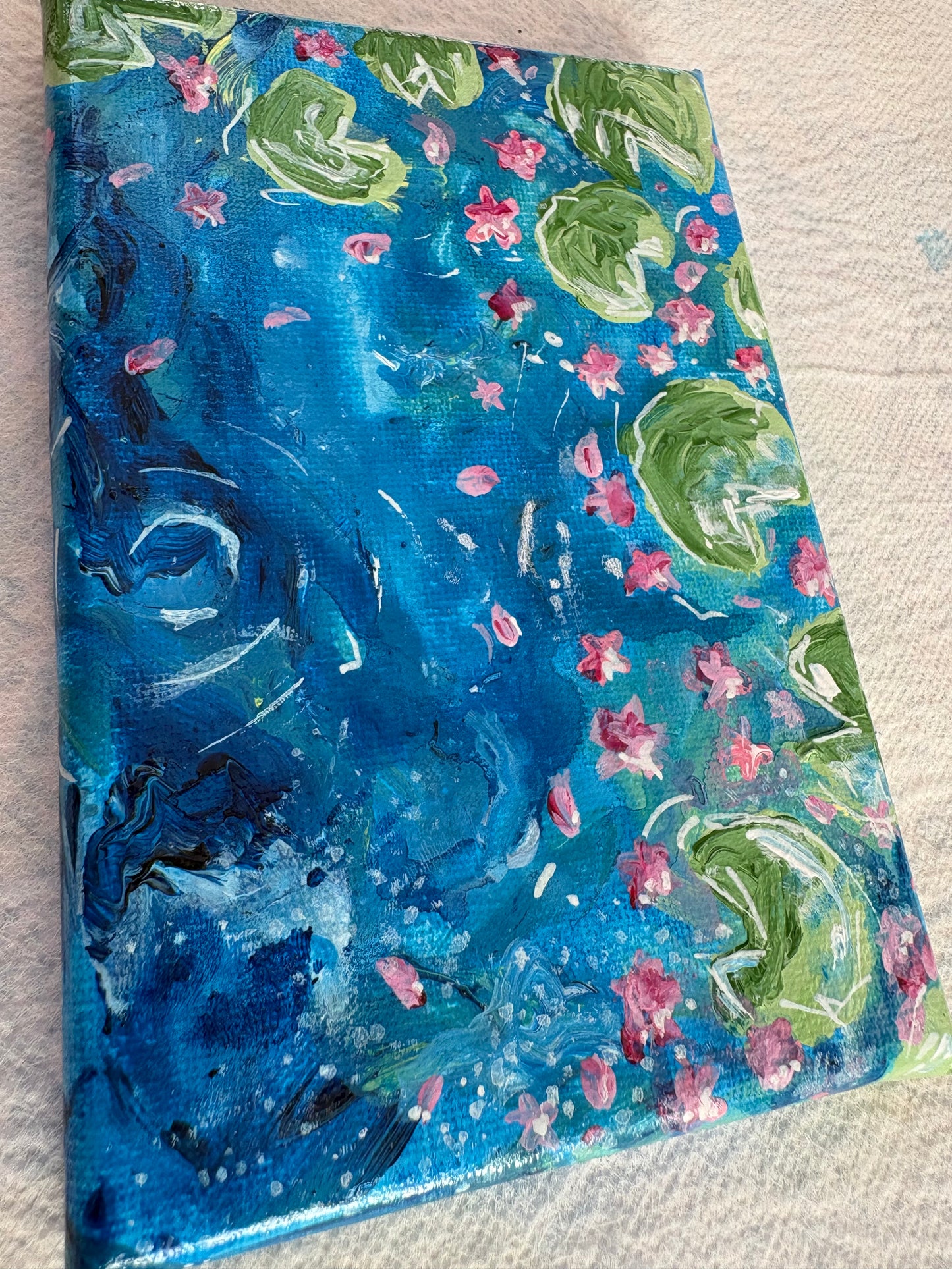 Original hand painted acrylic water and Lily pads with flowers art on canvas