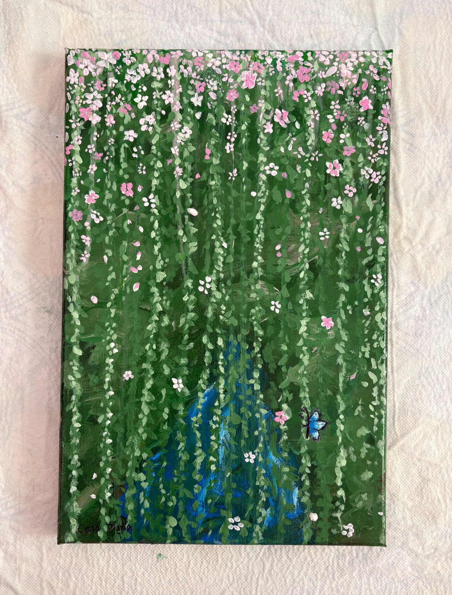 Original hand painted acrylic forest art with lake and butterfly on canvas