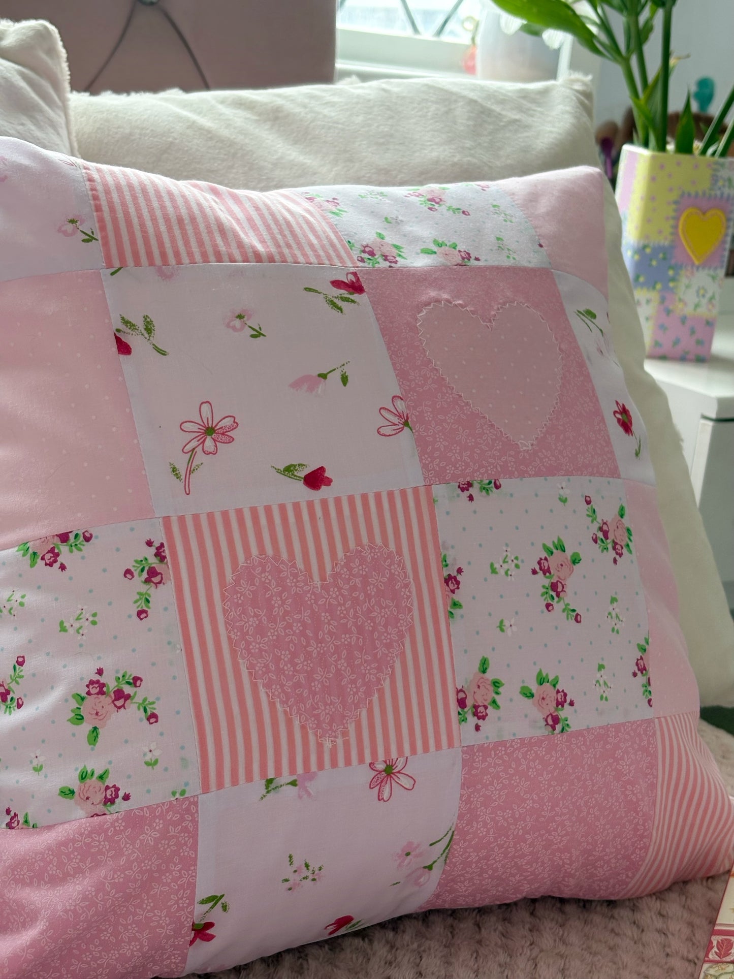 Handmade Heart Appliqué Patchwork Cushion