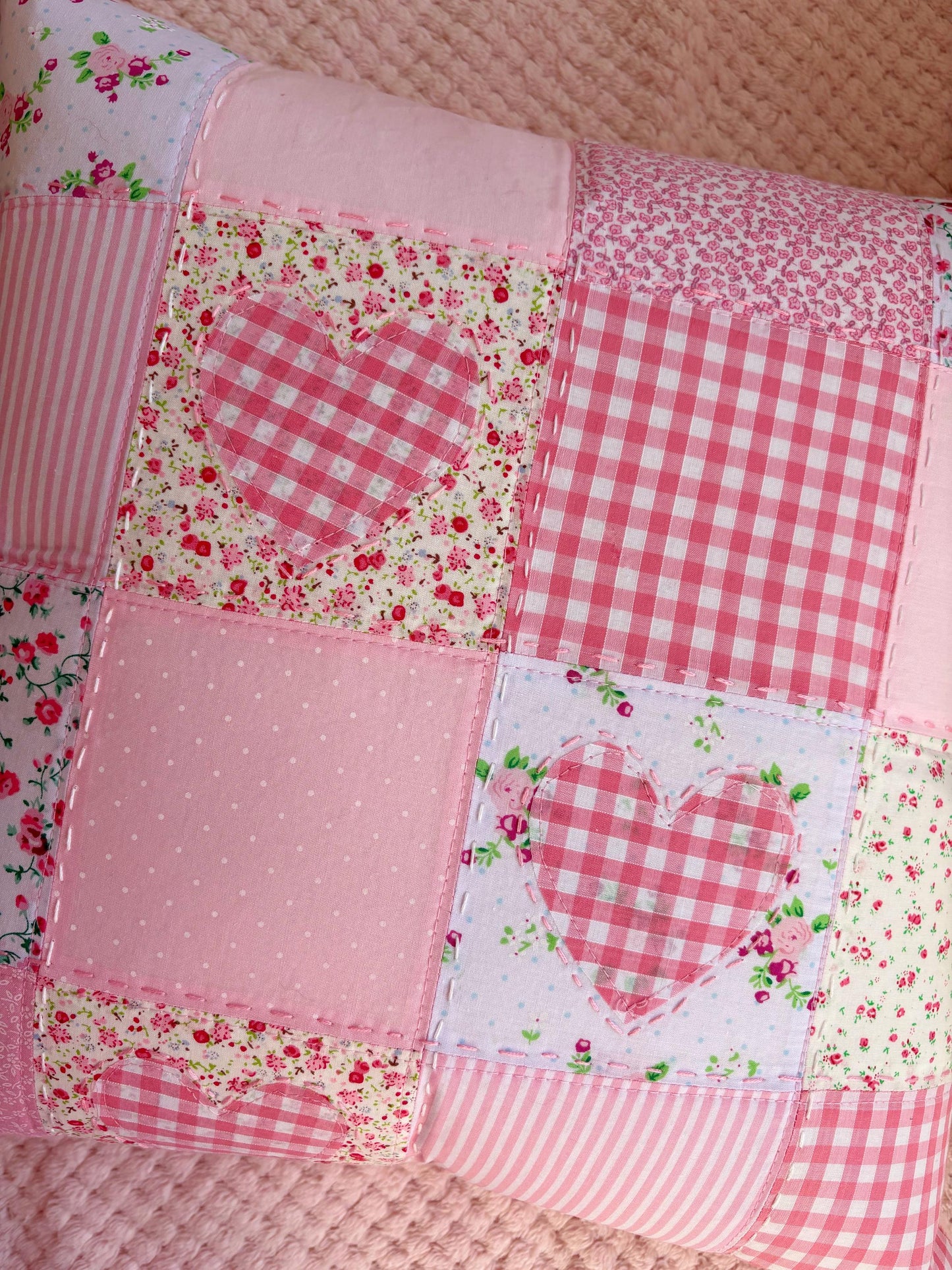 Handmade Pink Heart Patchwork Cushion