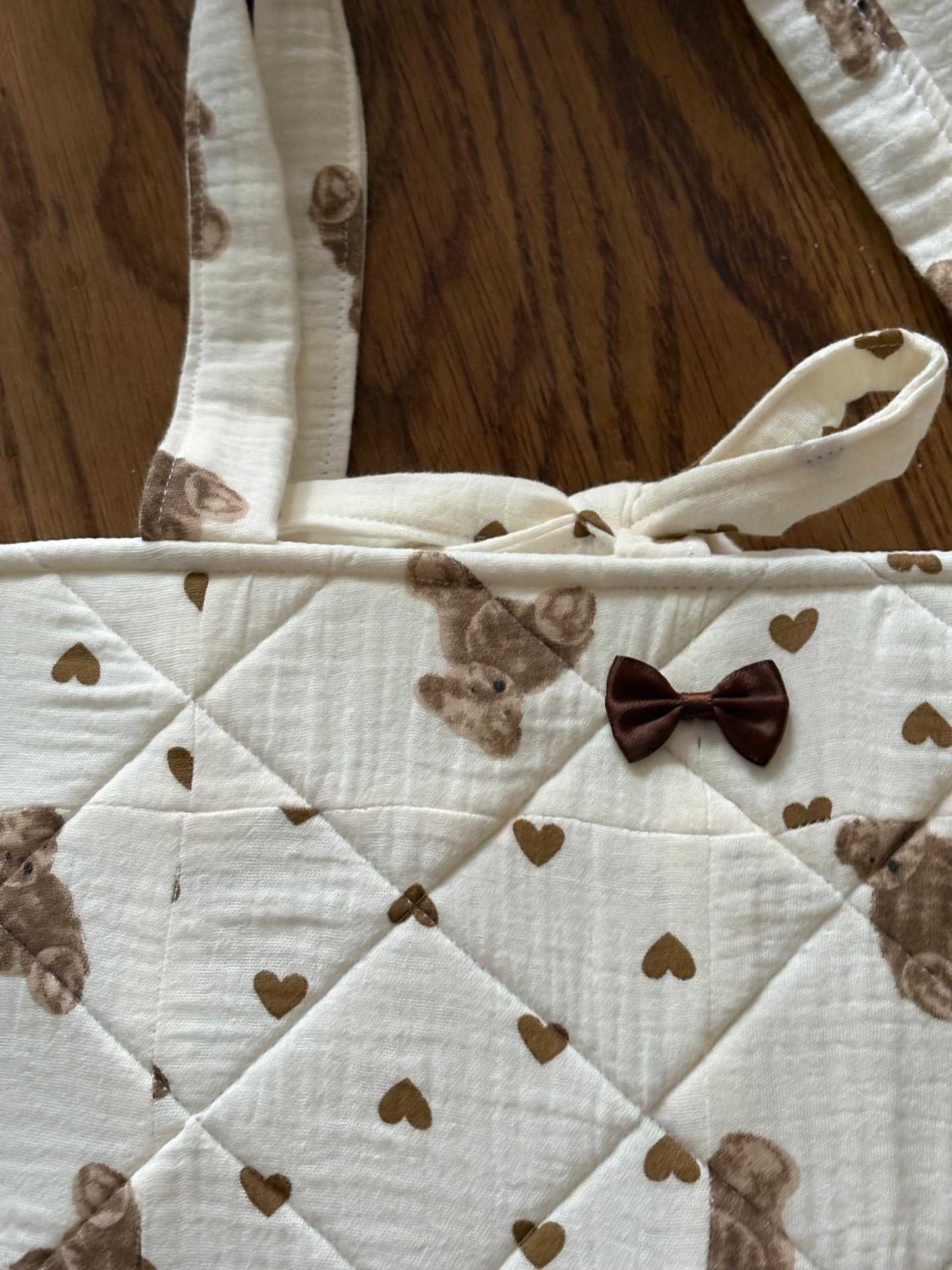 Cream and Brown Quilted Patchwork Hearts and Teddy Bear Tote Bag