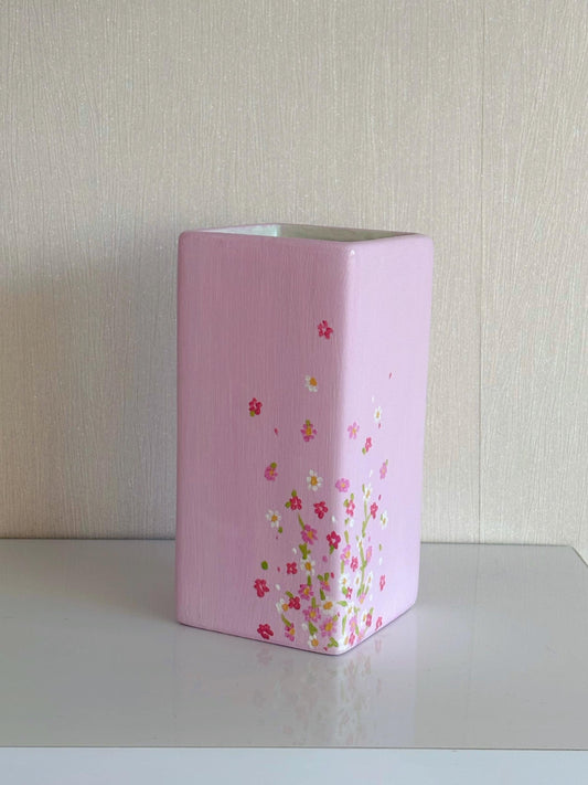 One of a Kind Pink Floral Hand Painted Vase